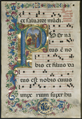 Gothic leaf from a Gradual: Initial P with the Nativity; 1495; ink, tempera and gold on vellum; each leaf: 59.8 x 4.1 cm; Cleveland Museum of Art