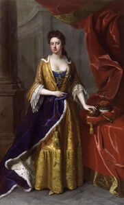 Queen Anne of Great Britain in golden dress and a purple velvet and ermine mantle (1705)