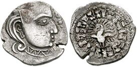 Coin of Gupta ruler Skandagupta (r.455-467), in the style of the Western Satraps.[97]