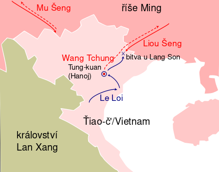 A schematic map of northern Vietnam showing the Lê Lợi campaign from the south to the Red River Delta, along the river to Hanoi, and northeast to the border where it clashed with the incoming Ming army. It also marks the progress of another Ming army from the northwest to the Sino-Vietnamese border and its return after the mentioned battle, as well as the retreat of the Ming garrison from Hanoi.