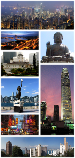 Clockwise from top: Hong Kong skyline at night, Tian Tan Buddha, International Finance Centre, Kennedy Town, Nathan Road, Avenue of Stars, Government House, and Tsing Ma Bridge