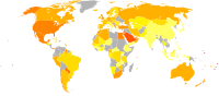 انتشار السمنة في العالم بين الذكور (على اليمين) والإناث (على اليسار).[174]   <5%   5–10%   10–15%   15–20%   20–25%   25–30%   30–35%   35–40%   40–45%   45–50%   50–55%   >55%