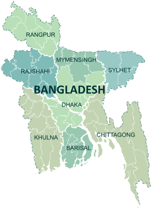 خريطة قابلة للنقر لبنگلادش تبين أقسامها.
