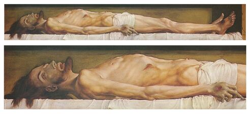 The Body of the Dead Christ in the Tomb, and a detail, 1521–22. Oil and tempera on limewood, Kunstmuseum Basel.