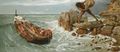 Arnold Bocklin's painting of Polyphemus standing on rocks onshore and swinging one of them back as the men row desperately over a surging wave.