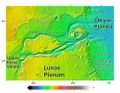 Area around Northern Kasei Valles, showing relationships among Kasei Valles, Bahram Vallis, Vedra Vallis, Maumee Vallis, and Maja Valles. Location is Lunae Palus quadrangle