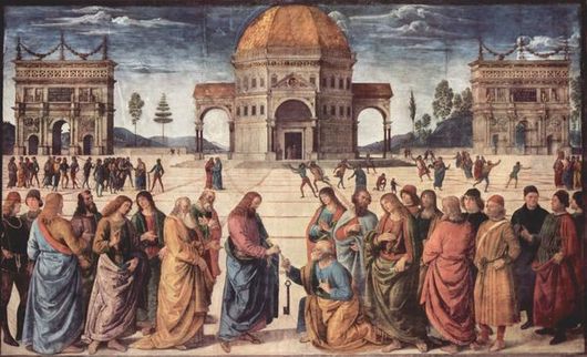 Rectangular fresco. The scene is like Raphael's Marriage of the Virgin, above, which is based on it. There is a similar townscape and circular building in perspective, with an ancient Roman triumphal arch to either side. In the foreground, Jesus gives the keys of Heaven to St Peter, who is kneeling. To the right and left stand the other disciples and some onlookers, who are distinguished by Renaissance clothing. There are many more small figures in the square behind them.