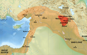 Map showing the ancient Assyrian heartland (red) and the extent of the Neo-Assyrian Empire in the 7th century BC (orange)