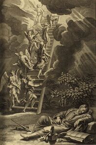 Illustration for Jacob's Ladder (التكوين 28:12) من الكتاب الصادر في 1728 بعنوان Figures de la Bible، برسوم توضيحية من خرارد هوت وآخرين