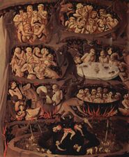 تصور لوحة "الدينونة الأخيرة" التي تعود إلى القرن الخامس عشر للفنان فرا أنجليكو (1395-1455) الجحيم مع شيطان أسود حي يلتهم المذنبين.
