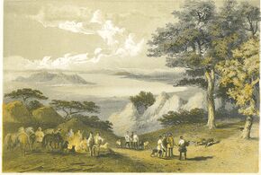 Lithograph entitled "View of Hakodate from Snow Peak" looking towards the sea—artist, Wilhelm Heine (1856)