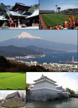 Top left: Shizuoka Sengen Shrine; Top right: Nihondaira Stadium Middle: Mount Fuji & Shimizu Port from Nihondaira Upper bottom left green tea fields; Lower bottom left Toro ruins; Bottom right: Tatsumi yagura of Sunpu Castle