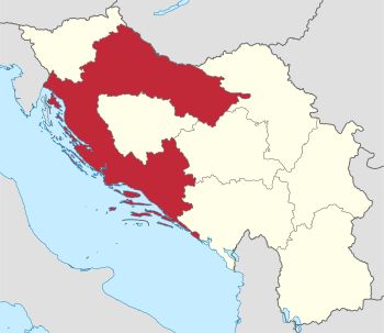 Banovina of Croatia (red) within Yugoslavia (light yellow)