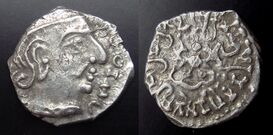 Coin of Gupta ruler Chandragupta II (r.380–415) in the style of the Western Satraps.[97]