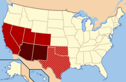 Though regional definitions vary from source to source, Arizona and New Mexico (in dark red) are almost always considered the core, modern-day Southwest. The brighter red and striped states may or may not be considered part of this region. The brighter red states (California, Colorado, Nevada, and Utah) are also classified as part of the West by the U.S. Census Bureau, though the striped states are not; Oklahoma and Texas are classified as part of the South.[1]
