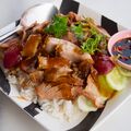 Khao mu krop mu daeng, Thai crispy and red pork.