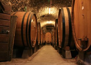Oak barrels in a winery in Chianti, Italy.