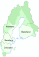 Map of Sweden's three historical lands, the former Swedish province Österland in Finland, and the former historical land of Denmark (Skåneland) in southern Sweden. In the map, the lands has their most recent borders.