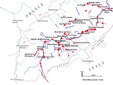 خريطة النصف الغربي من ماسيف مون بلان، توضح القمم، الحواف، والوديان الرئيسية