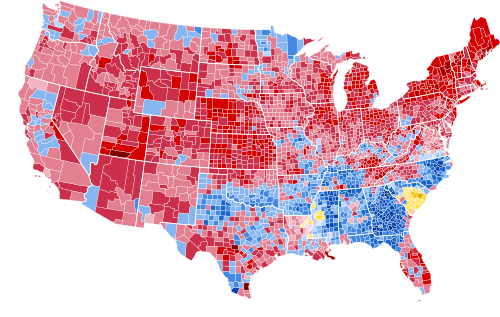 Results by county, shaded according to winning candidate's percentage of the vote