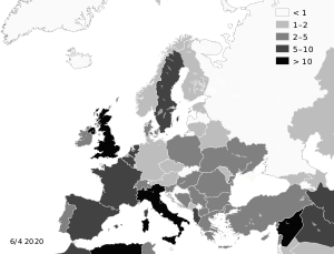 COVID-19 death per infected in Europe.svg