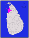 Area map of Mannar District, along the north western coast with eastern border extending towards the interior, also including a large island roughly oval in shape, in the Northern Province of Sri Lanka