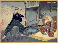 A print depicting the fictional encounter between swordsmen Miyamoto Musashi and Tsukahara Bokuden, the former using both swords in the Niten Ichi-ryū style.