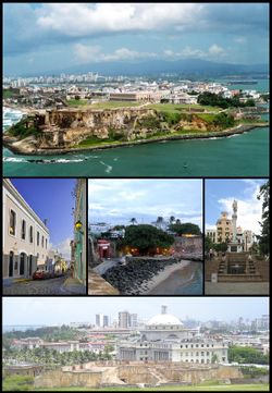 من أعلى اليسار: منظر رأسي لسان خوان، شارع في سان خوان القديمة، بوابة سان خوان و La Fortaleza, Plaza de Colon and the Puerto Rico Capitol