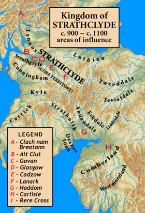The core of Strathclyde is the strath of the River Clyde. The major sites associated with the kingdom are shown, as is the marker Clach nam Breatann (إنگليزية: Rock of the Britons), the probable northern extent of the kingdom at an early time. Other areas were added to or subtracted from the kingdom at different times.