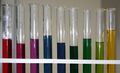 A gradient of red cabbage extract pH indicator from acidic solution on the left to basic on the right.