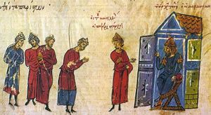 Medieval miniature of people standing before a seated ruler within a stylized edifice