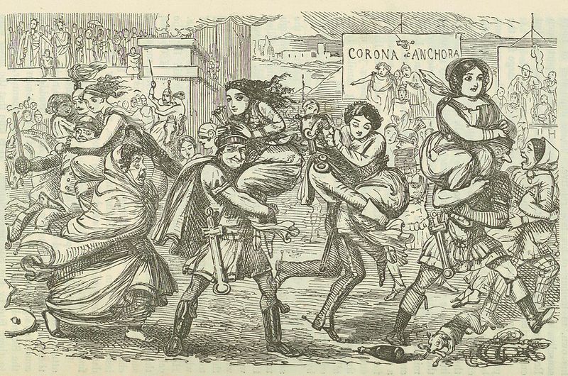 ملف:Comic History of Rome p 010 The Romans walking off with the Sabine Women.jpg
