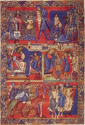 Scenes from the life of David over three registers. The "Morgan Leaf", detached from the illuminated manuscript Winchester Bible of 1160−75.