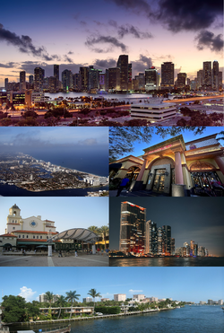 From top, left to right:Skyline of Greater Downtown Miami, Aerial view of Fort Lauderdale, Sawgrass Mills, The Square at West Palm Beach, Skyline of Miami Beach, and view of Boca Raton