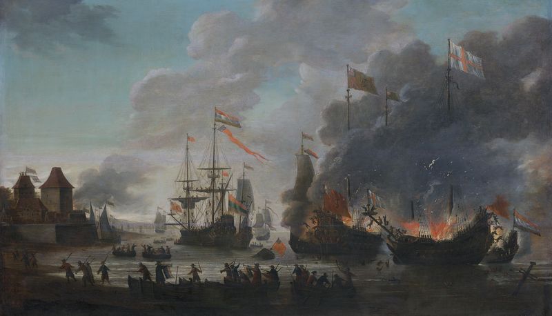 ملف:The Dutch burn English ships during the expedition to Chatham (Raid on Medway, 1667)(Jan van Leyden, 1669).jpg