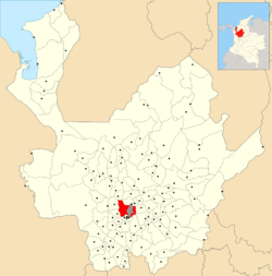 موقع المدينة (الحضر بالأحمر) والبلدية (رمادي داكن) في مدايين في قسم أنتيوكيا.