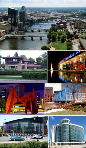 Images from top to bottom, left to right: downtown cityscape, Meyer May House, Gerald R. Ford Presidential Museum, La Grande Vitesse, pedestrian bridge over the Grand River, Van Andel Arena, Grand Valley State University's Cook–DeVos Center on the Medical Mile