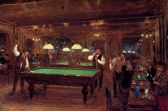 A billiards table, colored green after the lawns where the ancestors of the game were originally played.
