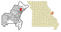 موقع فرگسون في مقاطعة سانت لويس (يسار) ومزوري (يمين)