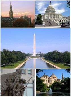 Top left: Georgetown University; top right: U.S. Capitol; middle: Washington Monument; bottom left: African American Civil War Memorial; bottom right: National Shrine