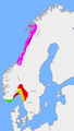Norwegian petty kingdoms ca. 820 AD at the death of Gudrød the Hunter. The most important kingdoms were Vestfold (red), Hålogaland (purple), Alvheim (yellow) and Agder (green).